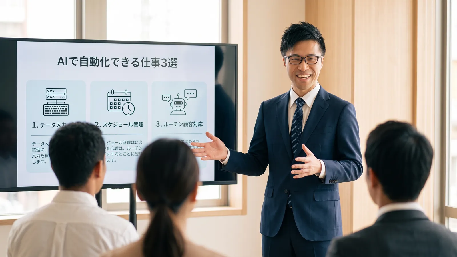 AI研修で自動化できる業務を説明する代表（イメージ）